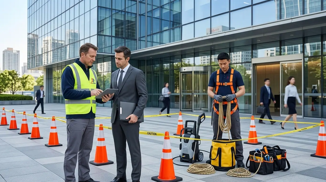 Yüksek binada dış cephe cam temizliği ve erişim çalışması